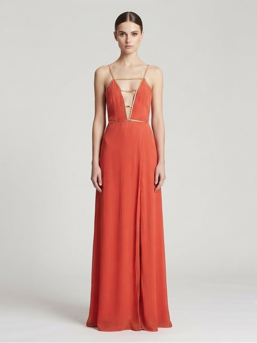 Sheri Bodell Silk Coral Gold Chain Trim Open Back Maxi Gown NWT Size S